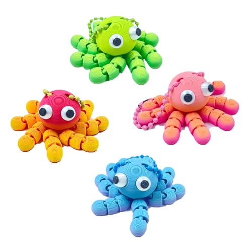 3D Printed Articulated Octopus Keychain - 24 Moving Joints Poseable Desk Pet for Adults, Pocket Anxiety Relief (All 4PCS)
