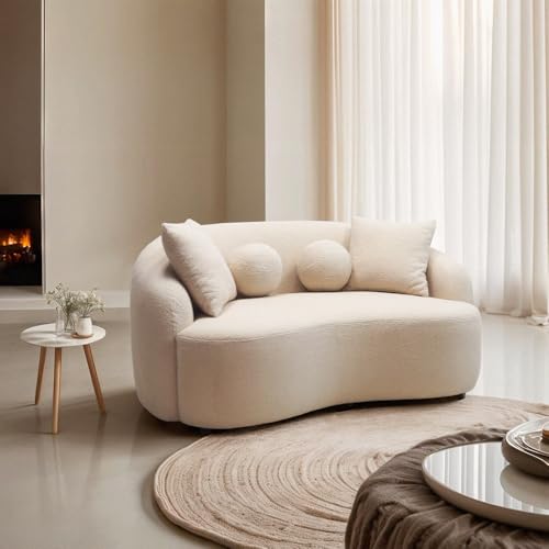  Divano Curvo di Design 2 posti in Tessuto Teddy Bouclé Beige Lazy