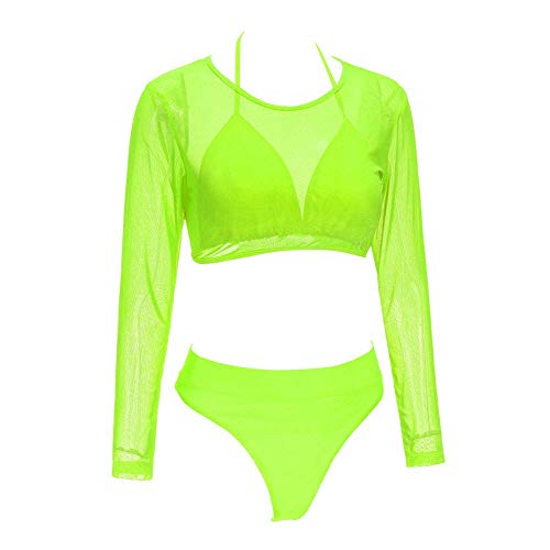 Meyeeka Women's Two Piece Long Sleeve Cover Up Bikini Sets High Waist Swimsuit M Lemon Green