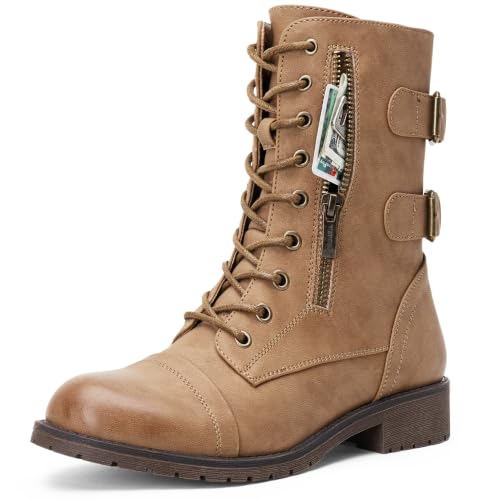 Vepose Women's Lace Up Mid Calf Combat Boots with Functional Pocket
