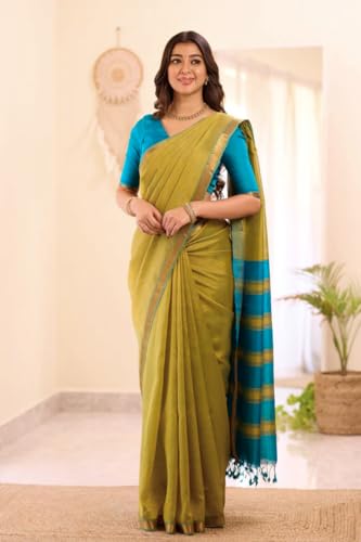 Image of Women's Cotton Woven Soft Sarees With Attach Blouse Piece.