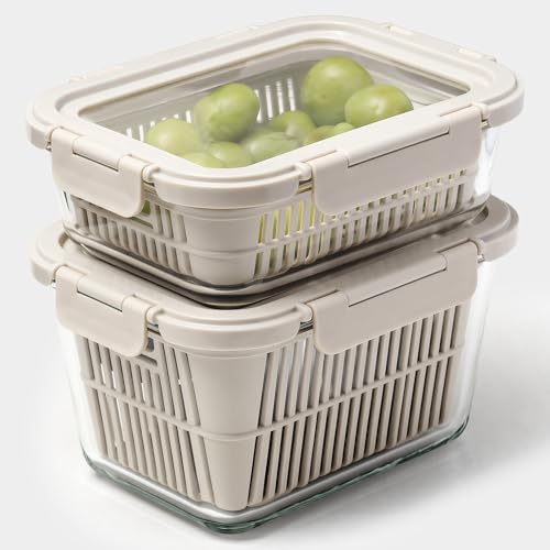 GENICOOK Glass Produce Storage Containers for Fridge, 2-Pack – Airtight Fruit & Vegetable Containers with Removable Colanders, Flexible Silicone Lids,LeakProof, BPA-Free Borosilicate Glass