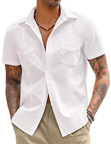 Coofandy Mens Linen Shirt Short Sleeve Cuban Guayabera Shirts Casual Button Down Beach Tops With Pockets, White, X-Large #TOP18