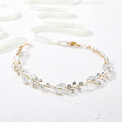 Sweetv Leaf Wedding Headpieces For Bride Opal Bridal Headband With Crystal Women Handmade Wedding Hair Accessories #TOP4