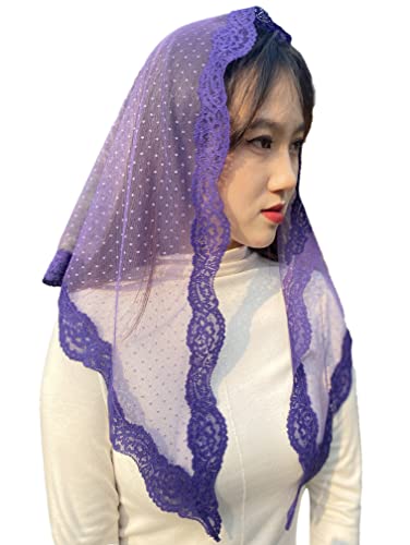 FANFAN Purple Lace Triangle Chapel Veil - Mantilla for Church Mass, Advent, Weddings & Funerals, Lightweight Religious Veil in Easter/Christmas & Motherâ€™s Day (Purple)