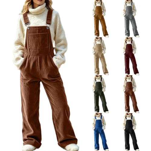 WWPPAION Casual Jumpsuits For Women Fall Corduroy Overalls Winter Sleeveless Adjustable Strap Wide Leg Jumpsuits With Pocket