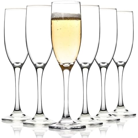 Classic Champagne Glasses Set of 6, 6oz Glass Champagne Flutes, Stemmed Champagne Flutes, Sparkling Wine Glass for Party, Wedding and Home - Clear Cover