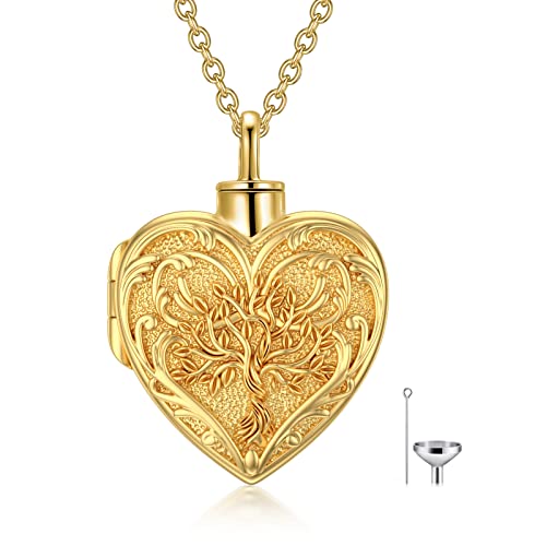 Soulmeet Solid 10K Gold Tree Of Life Cremation Locket Necklace For Ashes, Engraving Tree Urn Necklace That Holds Human Dog Ashes, Putting Ashes In Necklace With Plated Gold Chain #TOP25