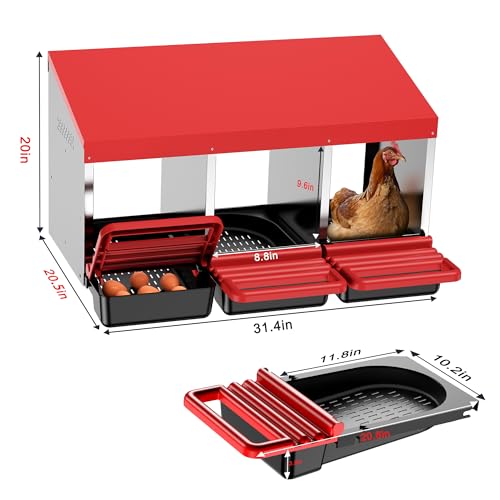 ZenxyHoC Chicken Nesting Boxes, 3 Hole Metal Chicken Egg Laying Box with Swing Perch and Rollout Egg Collection for Chicken Coop