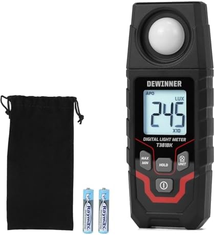 DEWINNER Digital Illuminance Light Meter – 0-200,000 Lux Light Tester for Plants, LED Grow Lights, Car Headlights – Candles Meter, 8X/s Sampling, 120° Angle, Backlit Display (Battery Included)
