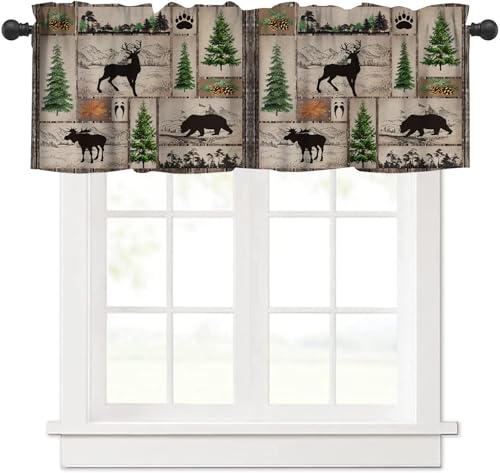 wlsgdsg Rustic Hunting Bear Deer Kitchen Valance Vintage Old Forest Hunting Lodge Pine Mountain Range Elk Bear Animal Window Treatment Valances Curtains for Living Room Bedroom 54x18in 1P