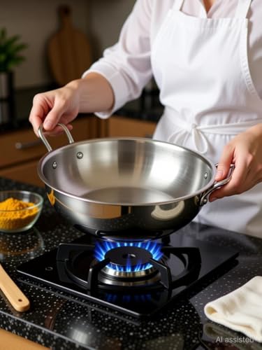 Image of Bhalaria Triply Stainless Steel Kadhai 32cm 5 Litre | Induction Base Heavy Gauge 3 Layer Body |Extra Large Deep Fry Pan Wok for Sabzi,Curry & Frying |Food Grade Steel |Gas Compatible | Dishwasher Safe