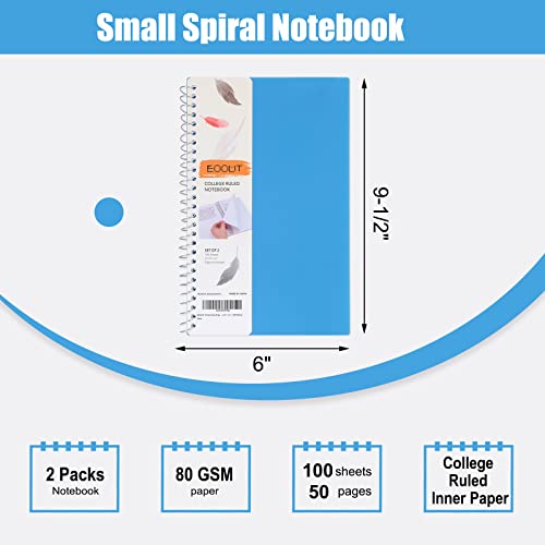 Eoout 2 Pack Small Spiral Notebook, 2-Subject Notebook, Plastic Cover Lined Spiral College Ruled Notebooks 9-1/2" X 6", 100 Sheets #TOP1