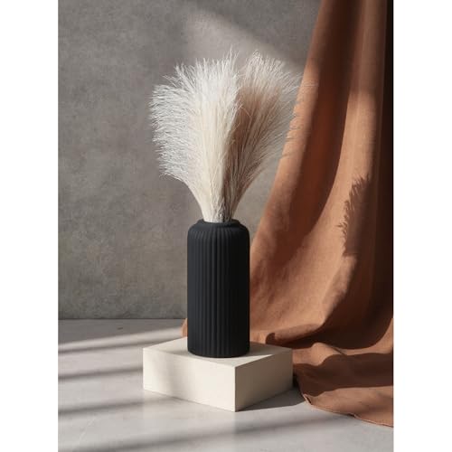 Image of KREATIVE ART'S Modern Ribbed Design Ceramic Flower Vase for Living Room, Flower Pots for Artificial Flower, Home Decoration Item, Home Decor, Vases for Living Room (Black, Medium)