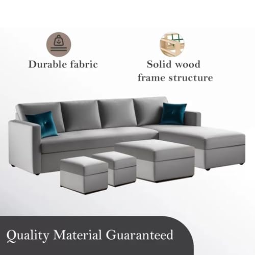 Image of FURNY Arno 8 Seater Fabric RHS L Shape Sofa Set with 1 Centre Table & 2 Ottomans (Light Grey)