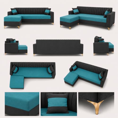 Image of FURNY Signature Regalia 4-Seater L-Shape Sofa Set with Movable Ottoman | Flexible LHS /RHS Layout | Boston Fabric | 40D Foam + Zigzag Spring | 3-Yr Warranty (Ash Grey, Ocean Blue)