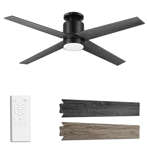 Ohniyou Deckenventilator mit Beleuchtung und Fernbedienung, 132 cm Deckenventilator mit Licht, Leise, 4 Flügel, 6 Geschwindigkeiten, für Schlafzimmer, Wohnzimmer, Schwarz