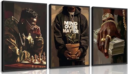 3Pcs Trendy Black Man Canvas Wall Art, Luxury African American Painting Pictures Wall Decor, Hip-hop Street Aesthetics Posters Print Artwork for Boy Room, Dorm, Home Decoration 12x16in Unframed