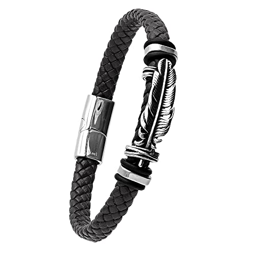 Rocker Men's Jewellery Braided Genuine Leather Bracelet with Stainless Steel Spring and Magnetic Clasp, Leather and stainless steel