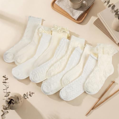Image of Shyyween 10 Pairs Cute Socks Women's Lace Ruffles Ankle Casual Flower Frilly Fancy Cotton Cottagecore Floral Mid Tube Socks