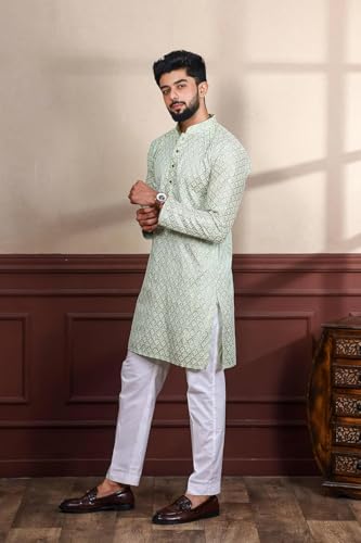 Image of LookMark Men's Printed Silk Blend Kurta with Mandarin Collar, Full Sleeves, Straight Fit Traditional Ethnic Wear