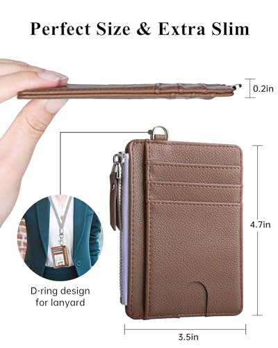 Image of Teskyer Slim Minimalist Wallet, RFID Blocking Credit Card Holder Leather Wallet with Zipper Pocket for Men Women, Coffee, 3.5 inch x 4.7 inch, Minimalist | Zip Pocket for Cash Coin, 1 ID Window & 7 Card Slots, Ultra Slim Design, D-Ring for Neck Lanyard, for Daily Carry and Travel