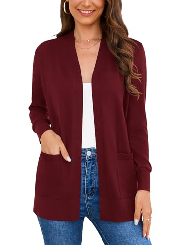 Veryoung Womens Lightweight Long Sleeve Open Front Sweater Cardigan Dressy with Pockets, Wine Red, Large