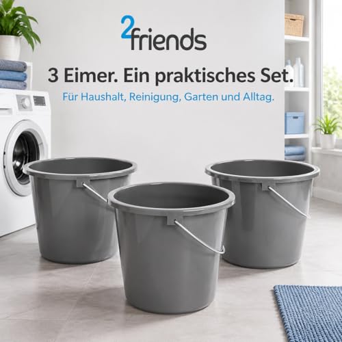 Putzeimer 10l 3er Set, Eimer 10l Kunststoff mit Metallgriff & Messskala, Wischeimer, Putzkübel, Plastikeimer, BPA-frei, Haushaltseimer grau, vielseitig und robust, Made in EU