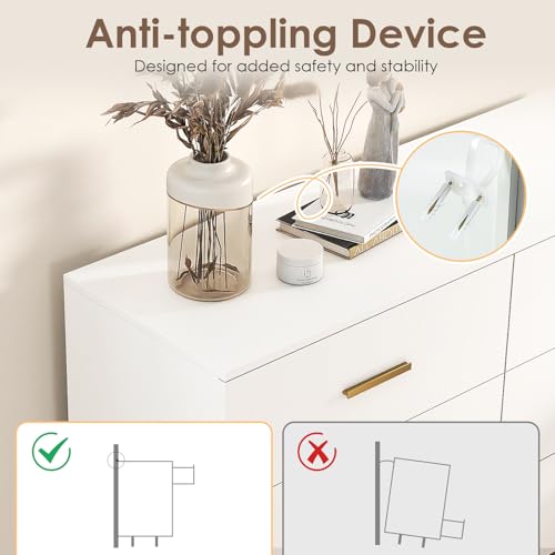 COSTWAY Wooden Chest of Drawers, 6-Drawer Dresser Storage Cabinet with 5 Metal Legs, Freestanding Wide Chest Cupboard Organiser Unit for Bedroom, Living Room, Closet and Hallway, 120x38x79cm, White - Image 4