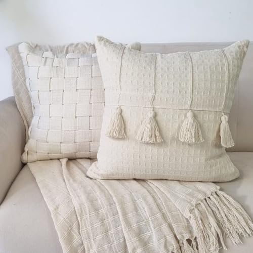 Kit 2 Capas de Almofada Decorativa Boho Chic, Pingente Trançada, 45x45cm, Cru