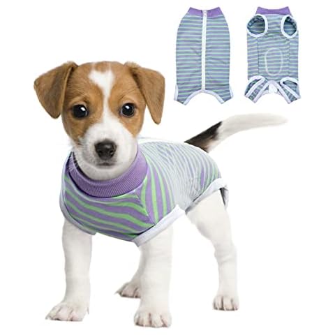 BRKURLEG Dog Recovery Suit After Surgery,Surgical Shirts Spay Suit for Female Male Dog, Striped Puppy Doggy Onesie Snugly Vest for Abdominal Wounds Anti-Licking, Zipper Closure Cat Neutering Suit Cover