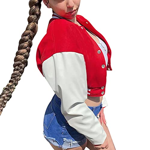 Qfmqkpi Women's Casual Varsity Fleece Bomber Jacket Long Sleeve Cropped Outwear Y2K Streetwear Red S #TOP4