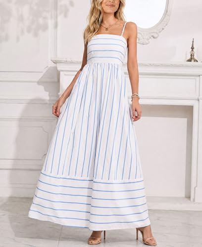 Image of chouyatou Women's Striped Back Smocked Maxi Dress Sexy Spaghetti Strap Cut Out Flowy Swing Long Dress