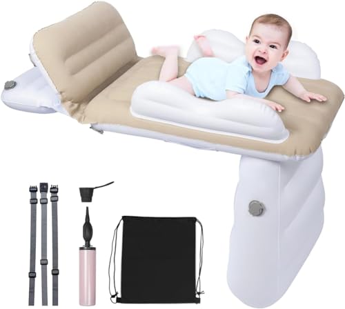 Bestbless Inflatable Airplane Bed for Toddler, Portable Baby Airplane Bed for Travel, Plane Extender for Kids with Hand Pump, Seat Belt and Carry Bag, Toddler Seat Extender for Car, Beige