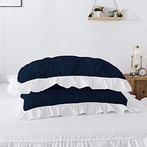 Image of 300 TC Pinch Ruffle 2 Tone Duvet /Razai /Blanket Cover with 2 Pillow Cover- 100% Cotton (Zipper Closure) Razai Cover 3 PC Set, Soft & Lightweight-Queen Size White /Navy Blue