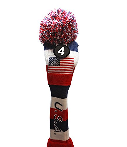 Usa Majek Golf 3 4 5 6 Hybrid Set Headcovers Pom Pom Knit Limited Edition Vintage Classic Traditional Flag Stars Red White Blue Stripes Retro Head Cover 3-6 Set #TOP2