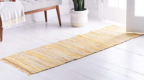 Unique Loom Chindi Cotton Collection Soft Hand Woven Natural Fiber Striped Area Rug, 2 Ft 2 In X 6 Ft 7 In, Yellow/Ivory #TOP2
