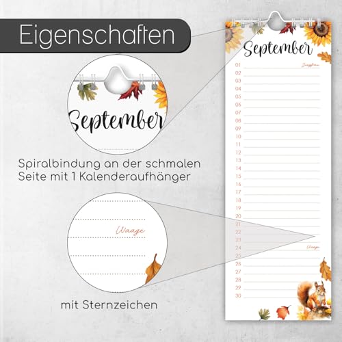 younikat Geburtstagskalender mit Spiralbindung I 10,5 x 29,7 cm I Jahresunabhängig I Dauerkalender Geburtstag mit Sternzeichen I Aquarell I you0001