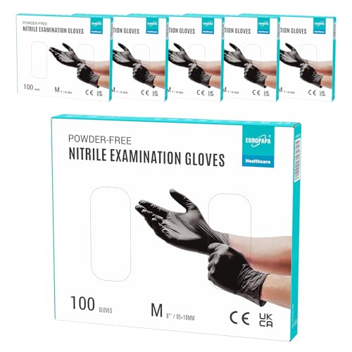 EUROPAPA® 500x Einweghandschuhe Nitrilhandschuhe puderfrei Untersuchungshandschuhe EN455 EN374 latexfrei Einmalhandschuhe Handschuhe in Gr. S, M, L & XL verfügbar (Schwarz, M)