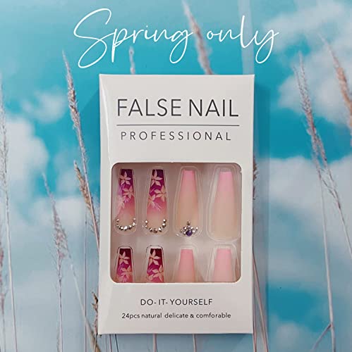 24Pcs Nude Purple Flower Ballerina Diamond Long Glossy Coffin Fake Nails Press On Nail False Tips Manicure For Women And Girls #TOP3