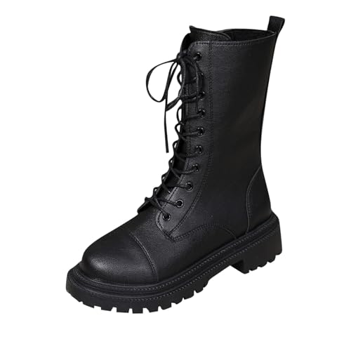 Image of Boots for Women Waterproof Walking Ankle Booties Lace Up Ladies Side Zipper Chunky Low Heel Work Combat Boots Casual Womens Black Booties Platform Leather Hiking Shoes for Outdoor Sports