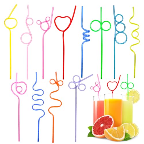 Lot de 12 pailles réutilisables, en plastique, colorées, bouclées, pour lait, jus, cocktails, décorations pour fête d'anniversaire d'enfant