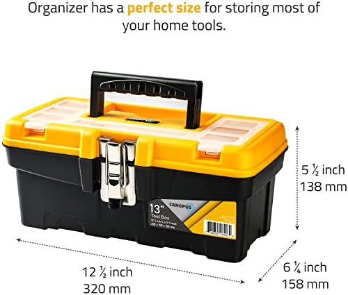 CANOPUS Professional Heavy Duty Small Tool Box With Handle, 13in Toolbox, Plastic Tool Box with Metallic Clutch and Extra Removable Storage Tray for Home Tools, Nails, Pins, Tool Storage Organizer