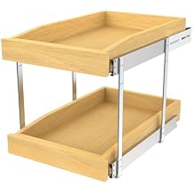 2 Tier Pull Out Cabinet Organizer, 17"W x 21"D Solid Wood Heavy-Duty Base Bottom Assembly Slide out Drawer Shel Cabinet Organization for Kitchen, Pantry, Bathroom