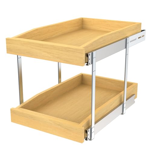2 Tier Pull Out Cabinet Organizer, 20"W x 21"D Solid Wood Heavy-Duty Base Bottom Assembly Slide out Drawer Shel Cabinet Organization for Kitchen, Pantry, Bathroom