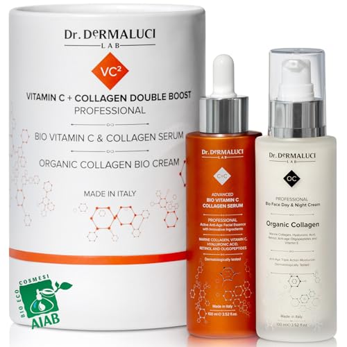 Kit Anti-Edad BIO Dia & Noche | Rellena, Alisa, Ilumina, Antiarrugas | Serum Vitamina C & Crema Colageno | Hidratacion Profunda para Piel Seca/Madura | Nickel Tested, AIAB, Made in Italy 200ML