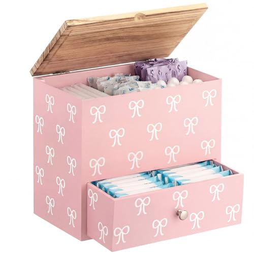 BrightRow Pink Bow Tampon Holder for Bathroom Wood Feminine Product Organizer with Drawer and Lid Pad and Tampon Organizer Bathroom Accessories Storage Box for Pink Bow Washroom Period Box