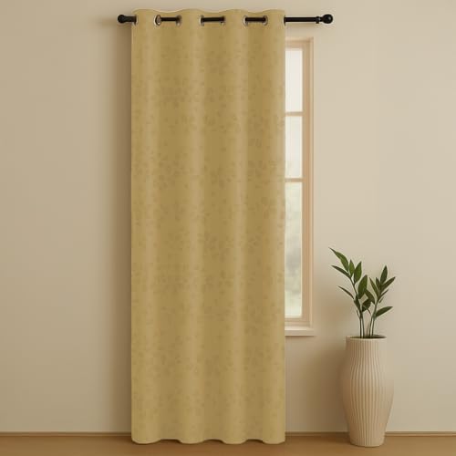 Image of LINENWALAS 100% True Blackout Curtains 9 Feet Long - 1 Panel, Raindrop Floral Design Complete Light Block Thermal Insulated & Noise Reducing Room Darkening Curtains (Raindrop Golden Beige)