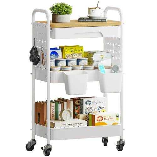 Image of Alened Storage Trolley on Wheels 3 Tier Rolling Cart Metal White