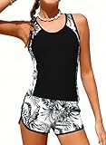 blibean Tween Girls Swimsuit Teen 2 Piece Bathing Suit Big Kids Fashion Boho Tankini Set Swim Shorts Junior Floral Beach Padded Swimwear Traje Baño Niñas Size 12-13 Year Old Black